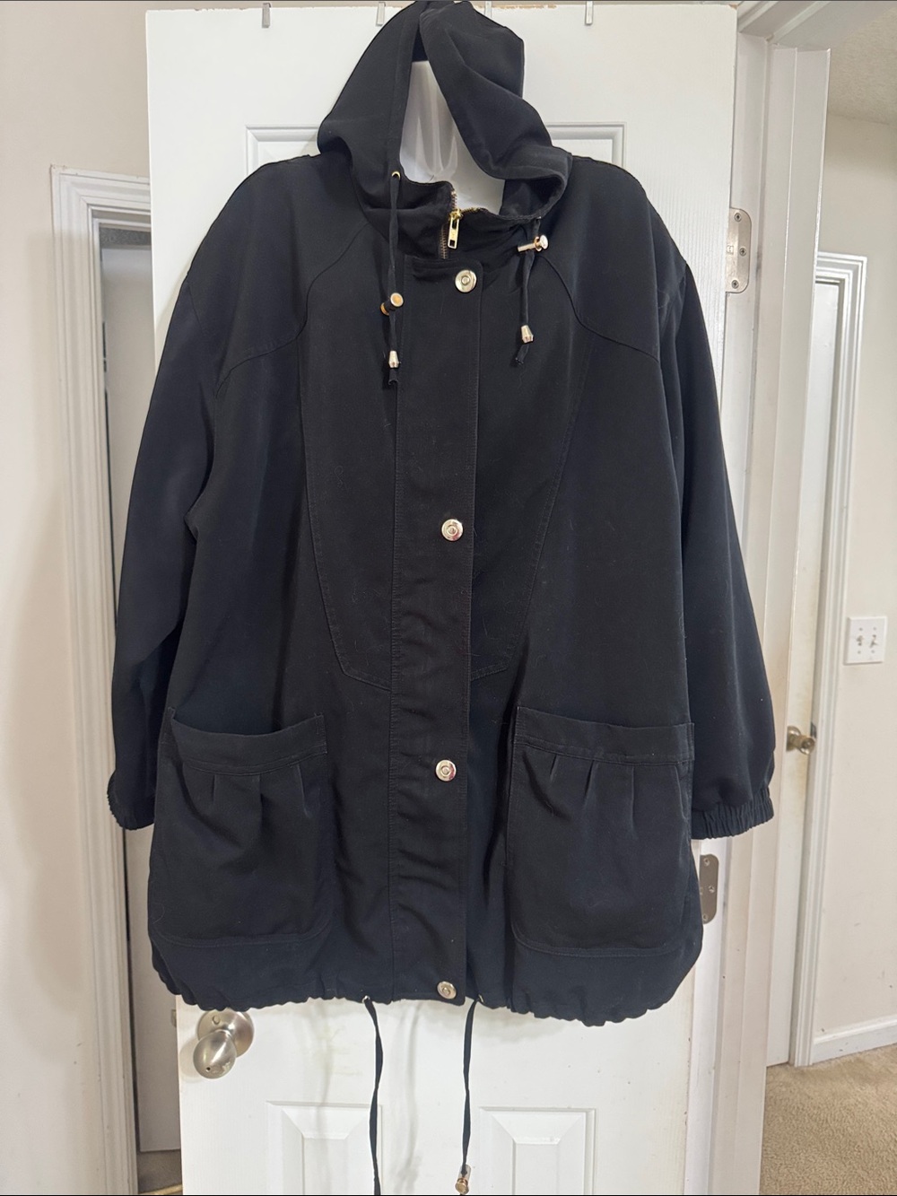 Vintage Women's Black Hooded Utility Jacket with Drawcord Hem